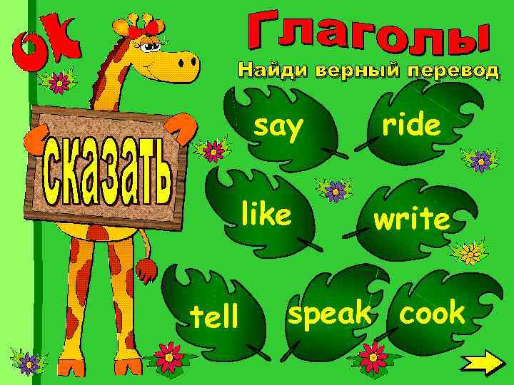 Найди верный перевод say like tell ride write speak cook 