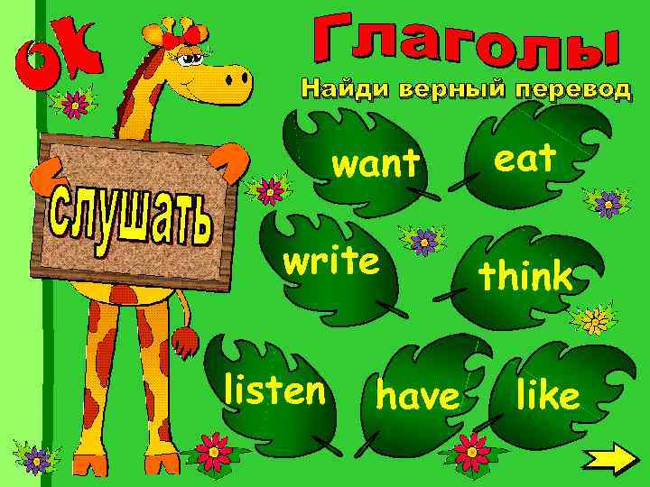 Найди верный перевод want write listen have eat think like 