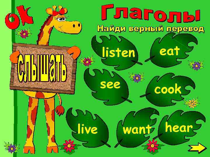 Найди верный перевод listen see live eat cook want hear 