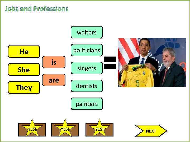Jobs and Professions waiters politicians He She They is singers are dentists painters YES!