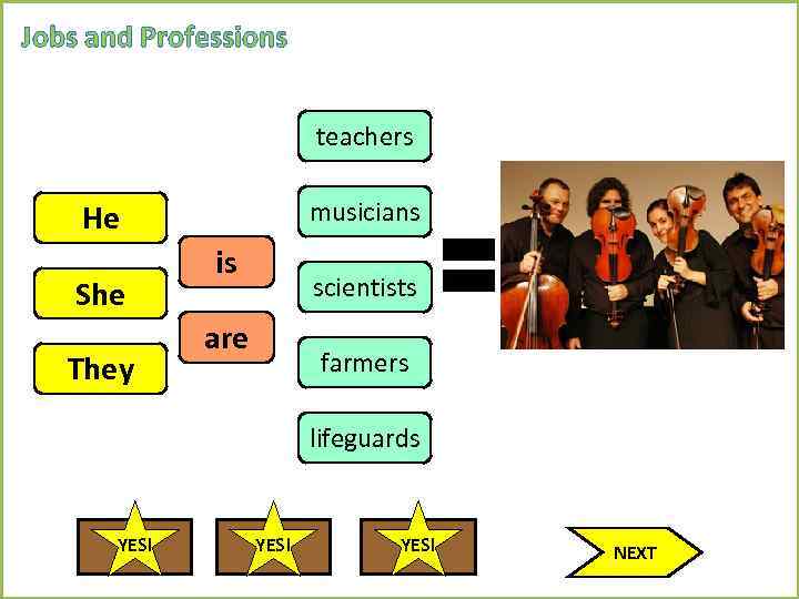 Jobs and Professions teachers musicians He She They is scientists are farmers lifeguards YES!