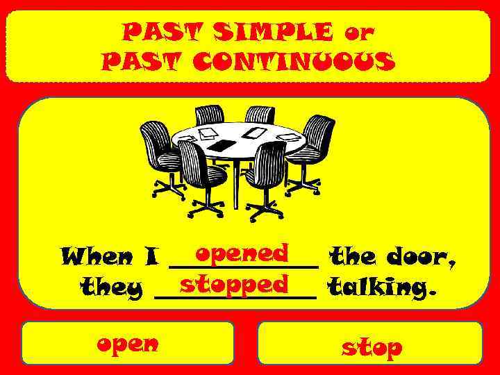 PAST SIMPLE or PAST CONTINUOUS opened When I ______ the door, stopped they _______