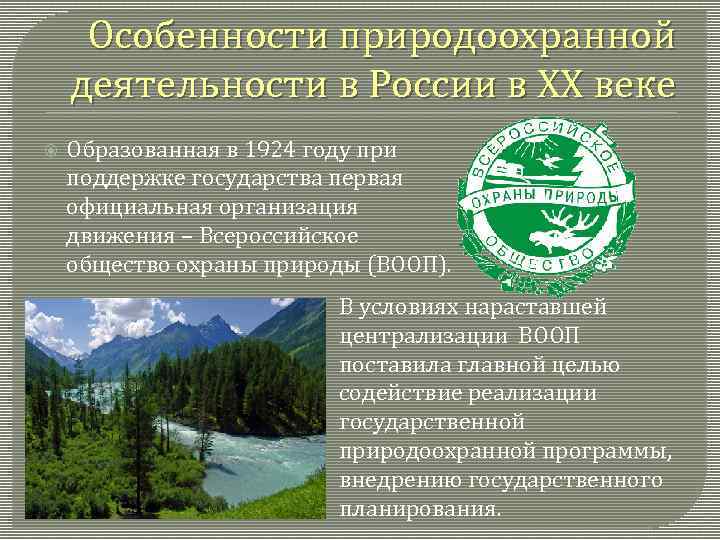 Особенности природоохранной деятельности в России в ХХ веке Образованная в 1924 году при поддержке