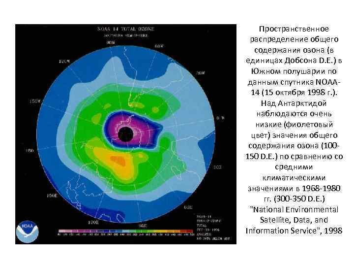 Пространственное распределение общего содержания озона (в единицах Добсона D. E. ) в Южном полушарии