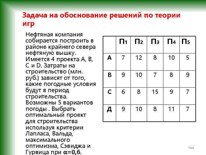 Задача на обоснование решений по теории игр Нефтяная компания собирается построить в районе крайнего