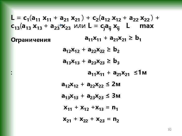 L = c 1(а 11 x 11 + а 21 x 21 ) +