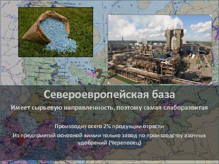 Североевропейская база Имеет сырьевую направленность, поэтому самая слаборазвитая Производит всего 2% продукции отрасли Из