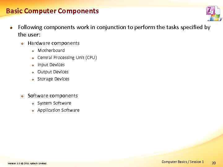 Basic Computer Components u Following components work in conjunction to perform the tasks specified