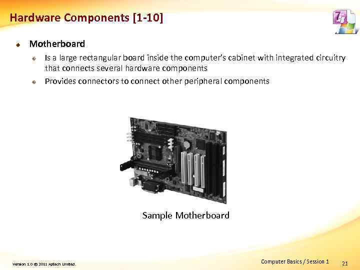 Hardware Components [1 -10] u Motherboard ² ² Is a large rectangular board inside