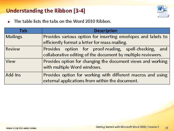 Understanding the Ribbon [3 -4] u The table lists the tabs on the Word