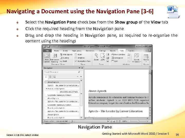 Navigating a Document using the Navigation Pane [3 -6] ² ² ² Select the