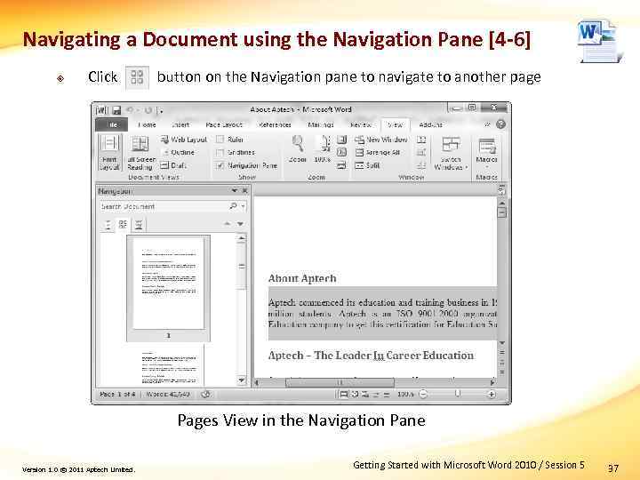 Navigating a Document using the Navigation Pane [4 -6] ² Click button on the