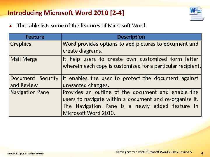 Introducing Microsoft Word 2010 [2 -4] u The table lists some of the features