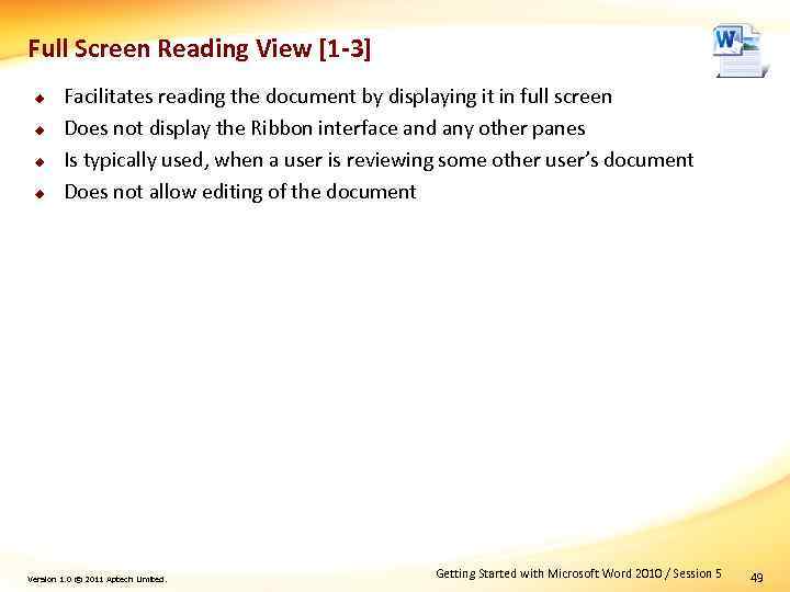 Full Screen Reading View [1 -3] u u Facilitates reading the document by displaying