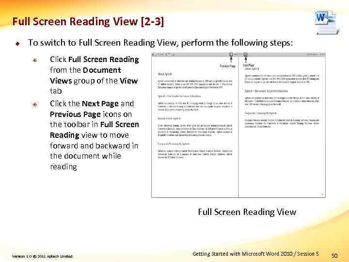 Full Screen Reading View [2 -3] u To switch to Full Screen Reading View,