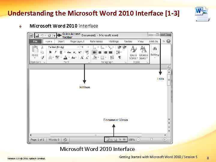 Understanding the Microsoft Word 2010 Interface [1 -3] ² Microsoft Word 2010 interface Microsoft