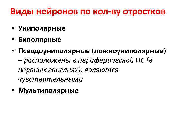 Виды нейронов по кол-ву отростков • Униполярные • Биполярные • Псевдоуниполярные (ложноуниполярные) – расположены