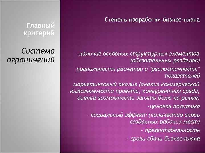 Cтепень проработки бизнес-плана Главный критерий Система ограничений наличие основных структурных элементов (обязательных разделов) -правильность