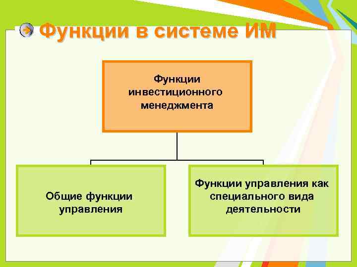 Функции в системе ИМ Функции инвестиционного менеджмента Общие функции управления Функции управления как специального