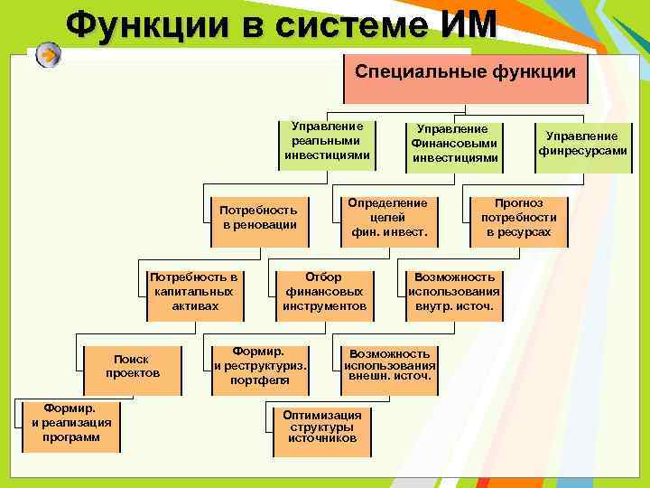 Функции в системе ИМ Специальные функции Управление реальными инвестициями Потребность в реновации Потребность в