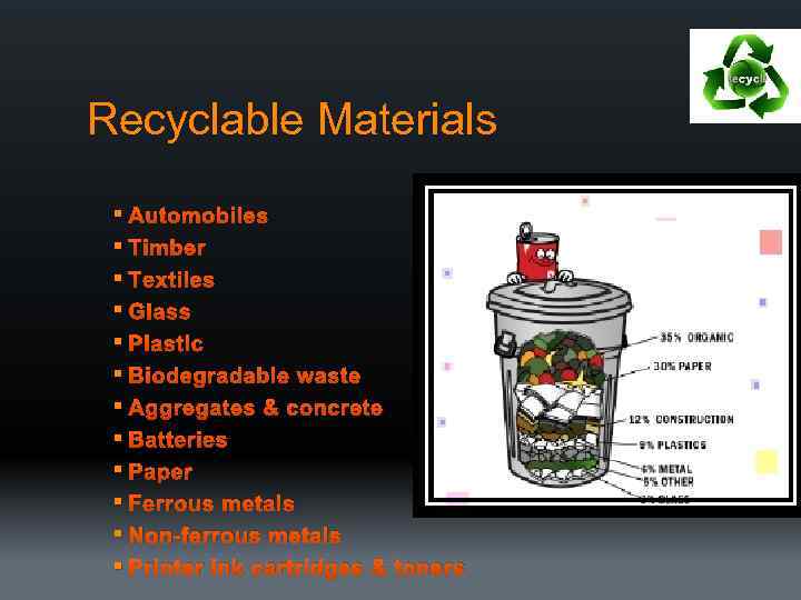 Recyclable Materials § Automobiles § Timber § Textiles § Glass § Plastic § Biodegradable