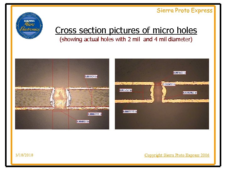 Sierra Proto Express Cross section pictures of micro holes (showing actual holes with 2