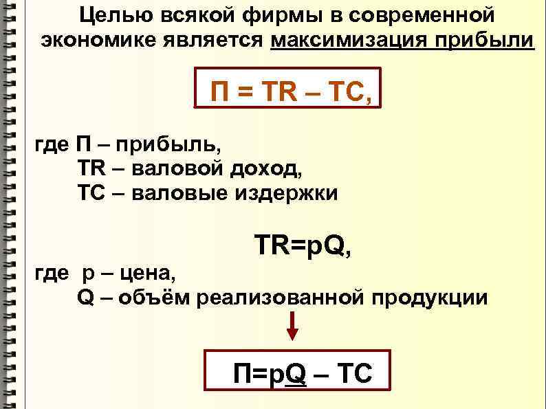 Целью всякой фирмы в современной экономике является максимизация прибыли П = TR – TC,