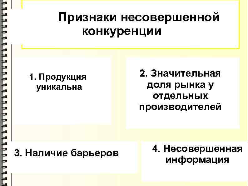  Признаки несовершенной конкуренции 1. Продукция уникальна 3. Наличие барьеров 2. Значительная доля рынка