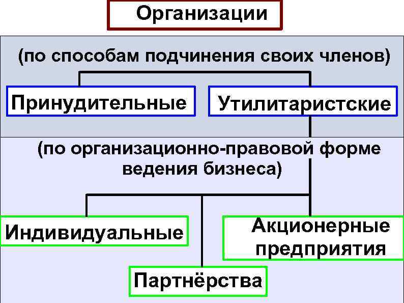 Организации (по способам подчинения своих членов) Принудительные Утилитаристские (по организационно-правовой форме ведения бизнеса) Индивидуальные