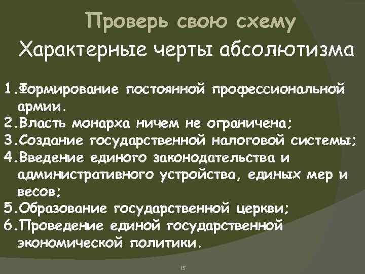 Проверь свою схему Характерные черты абсолютизма 1. Формирование постоянной профессиональной армии. 2. Власть монарха