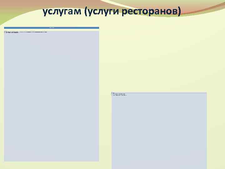 услугам (услуги ресторанов) Ограничения доступа на рынок • • 1)Нет 2)Нет 3) Нет, за