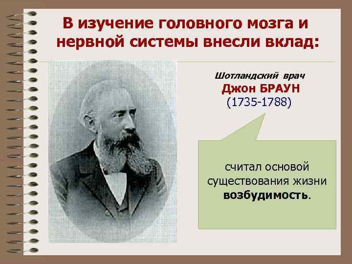 В изучение головного мозга и нервной системы внесли вклад: Шотландский врач Джон БРАУН (1735