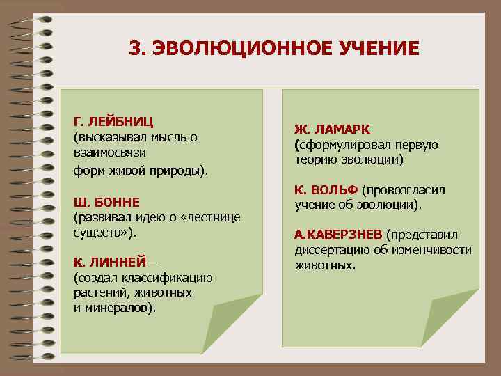3. ЭВОЛЮЦИОННОЕ УЧЕНИЕ Г. ЛЕЙБНИЦ (высказывал мысль о взаимосвязи форм живой природы). Ш. БОННЕ