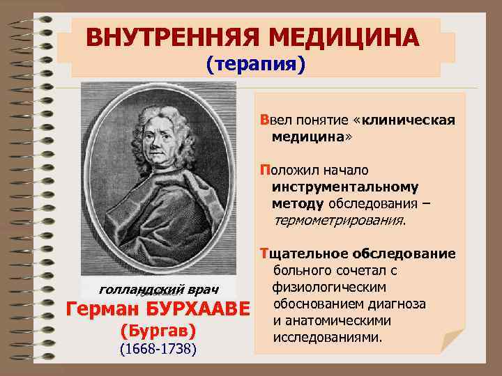 ВНУТРЕННЯЯ МЕДИЦИНА (терапия) Ввел понятие «клиническая медицина» Положил начало инструментальному методу обследования – термометрирования.