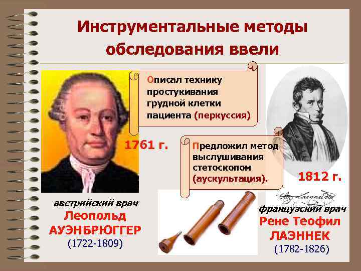 Инструментальные методы обследования ввели Описал технику простукивания грудной клетки пациента (перкуссия) 1761 г. австрийский