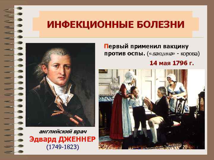 ИНФЕКЦИОННЫЕ БОЛЕЗНИ Первый применил вакцину против оспы. ( «вакцина» - корова) 14 мая 1796