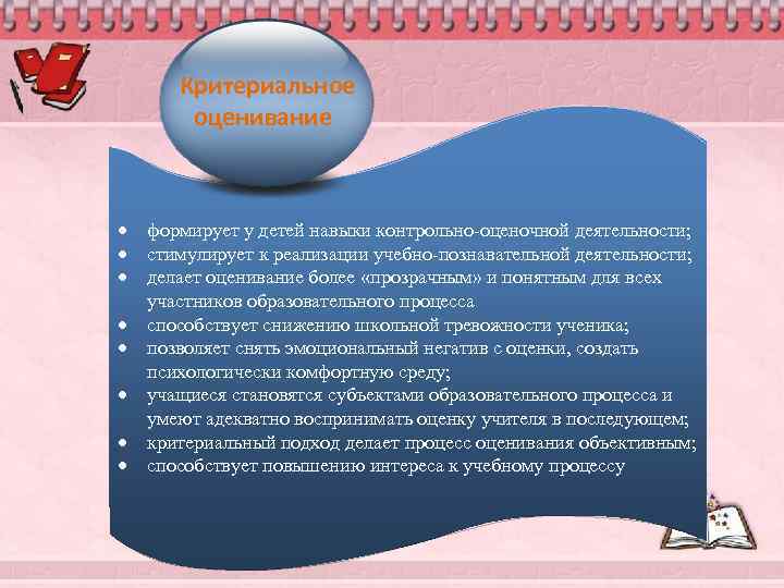  Критериальное оценивание 7/8 формирует у детей навыки контрольно-оценочной деятельности; стимулирует к реализации учебно-познавательной