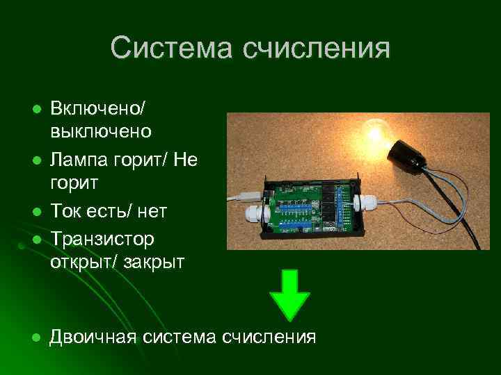 Система счисления l l l Включено/ выключено Лампа горит/ Не горит Ток есть/ нет