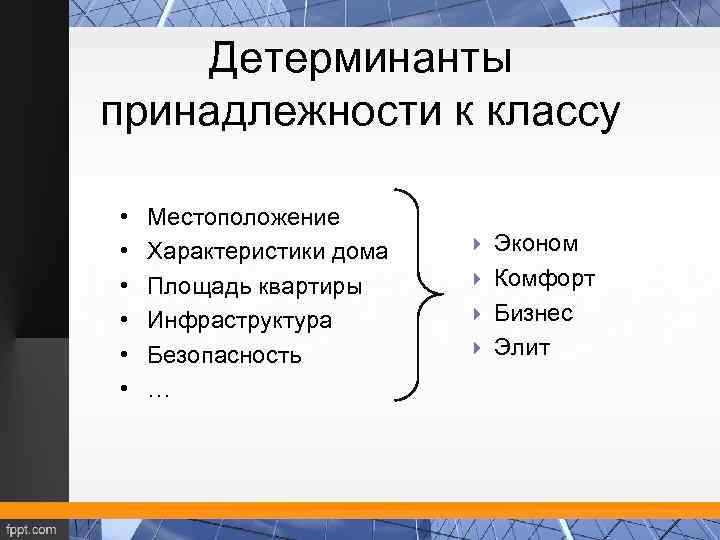 Детерминанты принадлежности к классу • • • Местоположение Характеристики дома Площадь квартиры Инфраструктура Безопасность