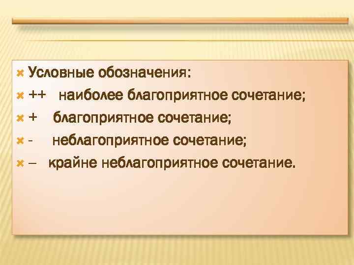  Условные обозначения: ++ наиболее благоприятное сочетание; + благоприятное сочетание; неблагоприятное сочетание; -- крайне
