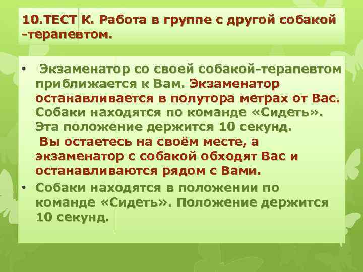 10. ТЕСТ К. Работа в группе с другой собакой -терапевтом. • Экзаменатор со своей