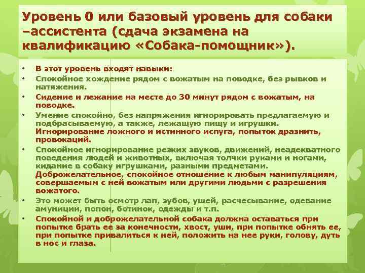 Уровень 0 или базовый уровень для собаки –ассистента (сдача экзамена на квалификацию «Собака-помощник» ).