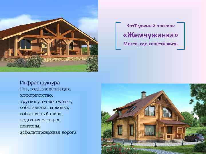 Кот. Теджный поселок «Жемчужинка» Место, где хочется жить Инфраструктура Газ, вода, канализация, электричество, круглосуточная