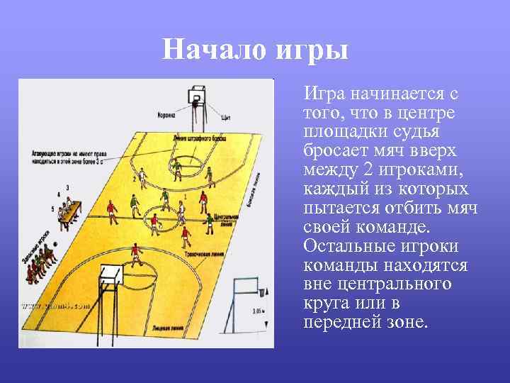 Начало игры Игра начинается с того, что в центре площадки судья бросает мяч вверх