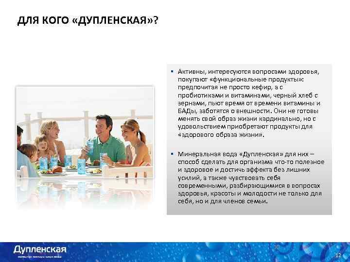 ДЛЯ КОГО «ДУПЛЕНСКАЯ» ? § Активны, интересуются вопросами здоровья, покупают «функциональные продукты» : предпочитая