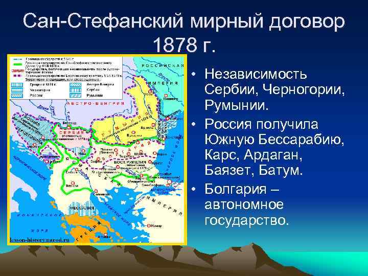 Сан-Стефанский мирный договор 1878 г. • Независимость Сербии, Черногории, Румынии. • Россия получила Южную