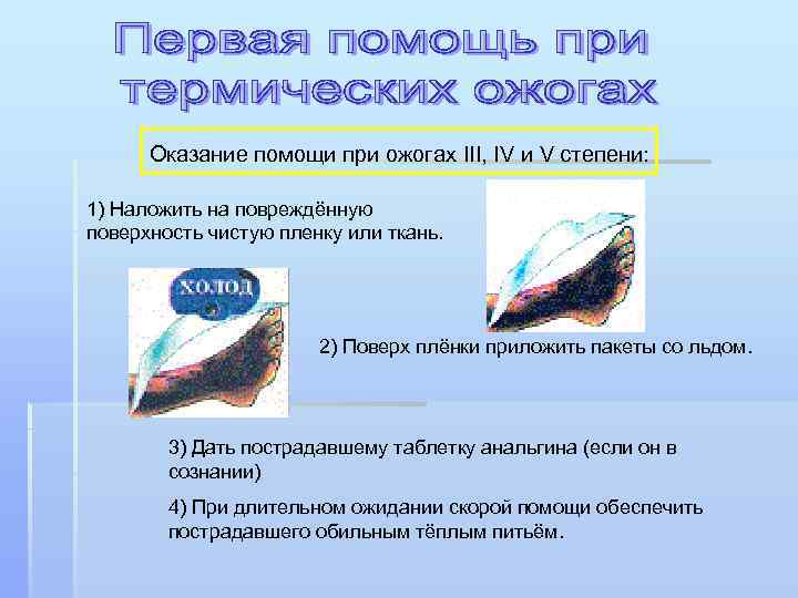 Оказание помощи при ожогах III, IV и V степени: 1) Наложить на повреждённую поверхность