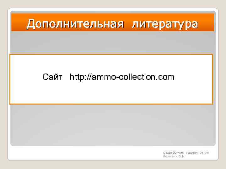 Дополнительная литература Сайт http: //ammo-collection. com разработчик подполковник Калинин О. Н. 