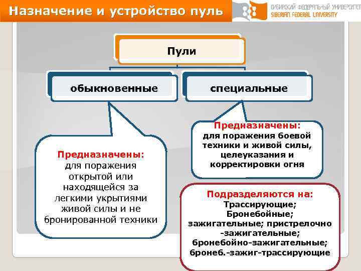 Назначение и устройство пуль Пули обыкновенные специальные Предназначены: для поражения открытой или находящейся за