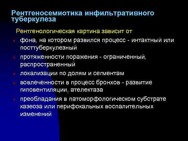 Рентгеносемиотика инфильтративного туберкулеза Рентгенологическая картина зависит от n фона, на котором развился процесс -